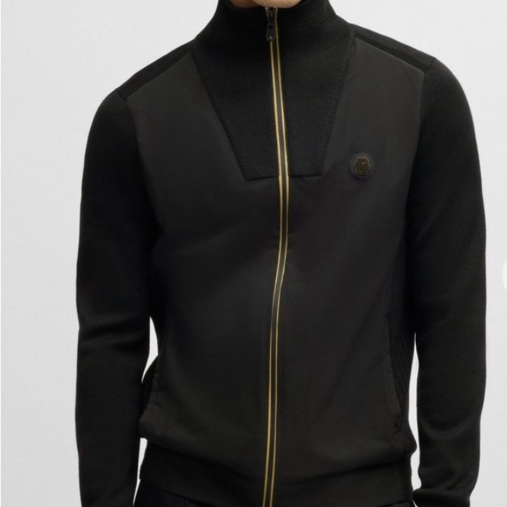 BOSS Men's Black Full Zip Sweater With Gold Accents
